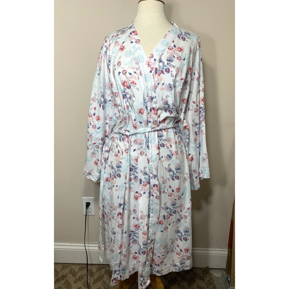 Garnet Hill Robe Womens XL White Pink Floral 100% "Green Cotton" Long Pockets - Picture 11 of 14